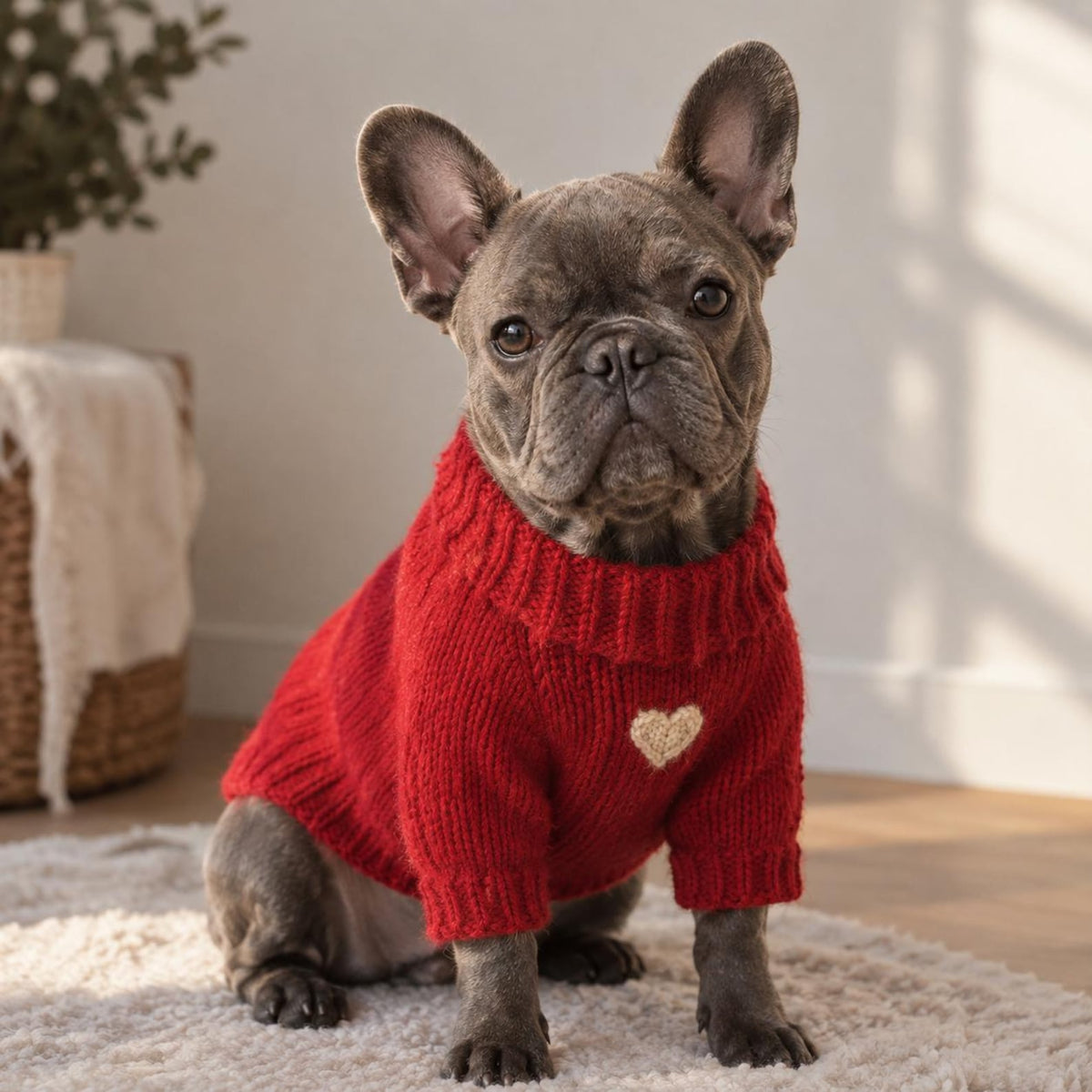 TailTailor® Handgestrickter Pullover aus Wolle & Bambus – Mit Herz-Detail & Optionaler Namensstickerei für Hunde (Rot)
